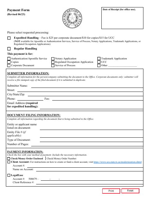 Form 807 Payment Form - Texas