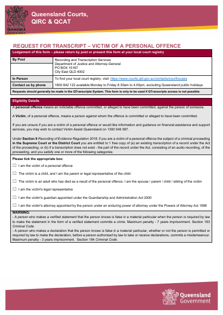 Request for Transcript - Victim of a Personal Offence - Queensland, Australia Download Pdf