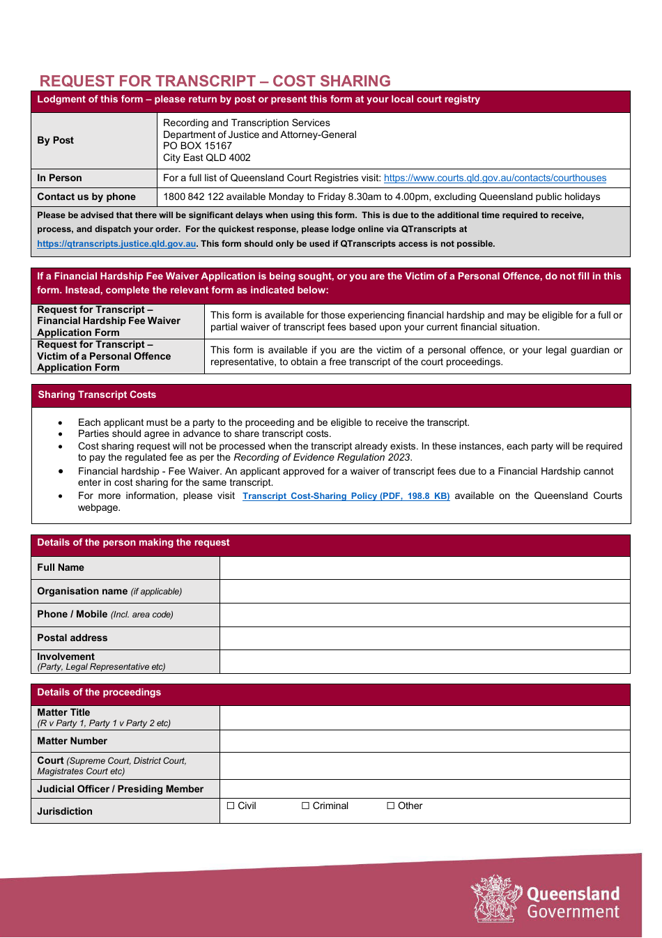 Request for Transcript - Cost Sharing - Queensland, Australia, Page 1