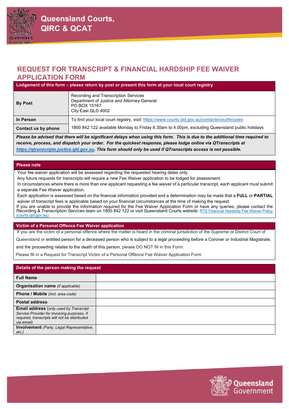 Request for Transcript  Financial Hardship Fee Waiver Application Form - Queensland, Australia, Page 1