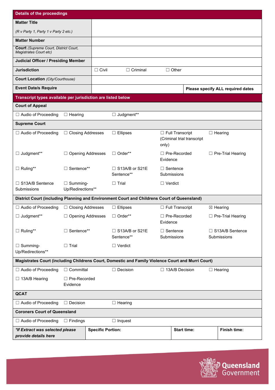 Queensland Australia Request for Transcript & Financial Hardship Fee ...