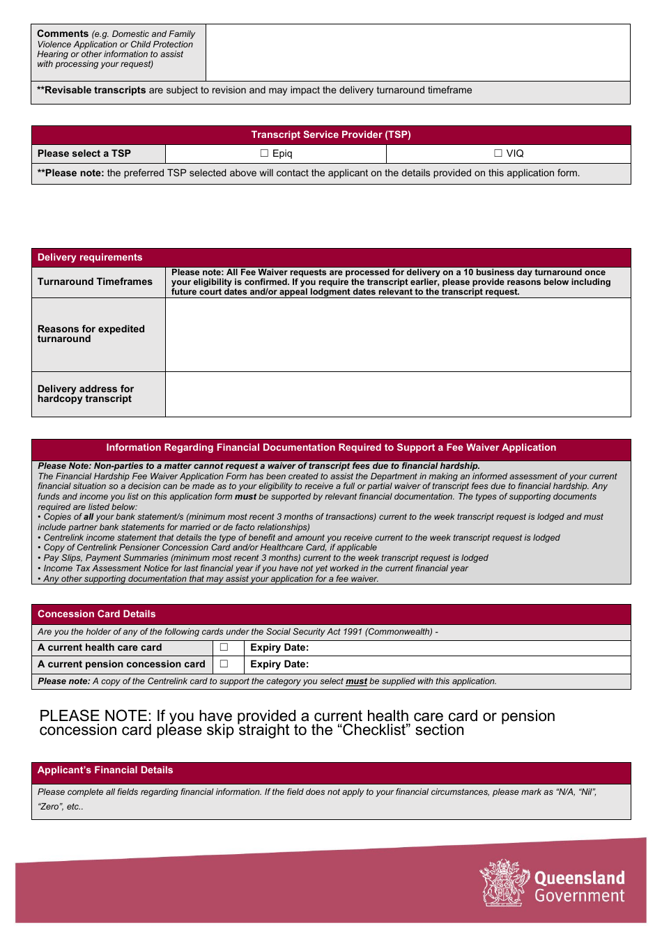 Request for Transcript  Financial Hardship Fee Waiver Application Form - Queensland, Australia, Page 3