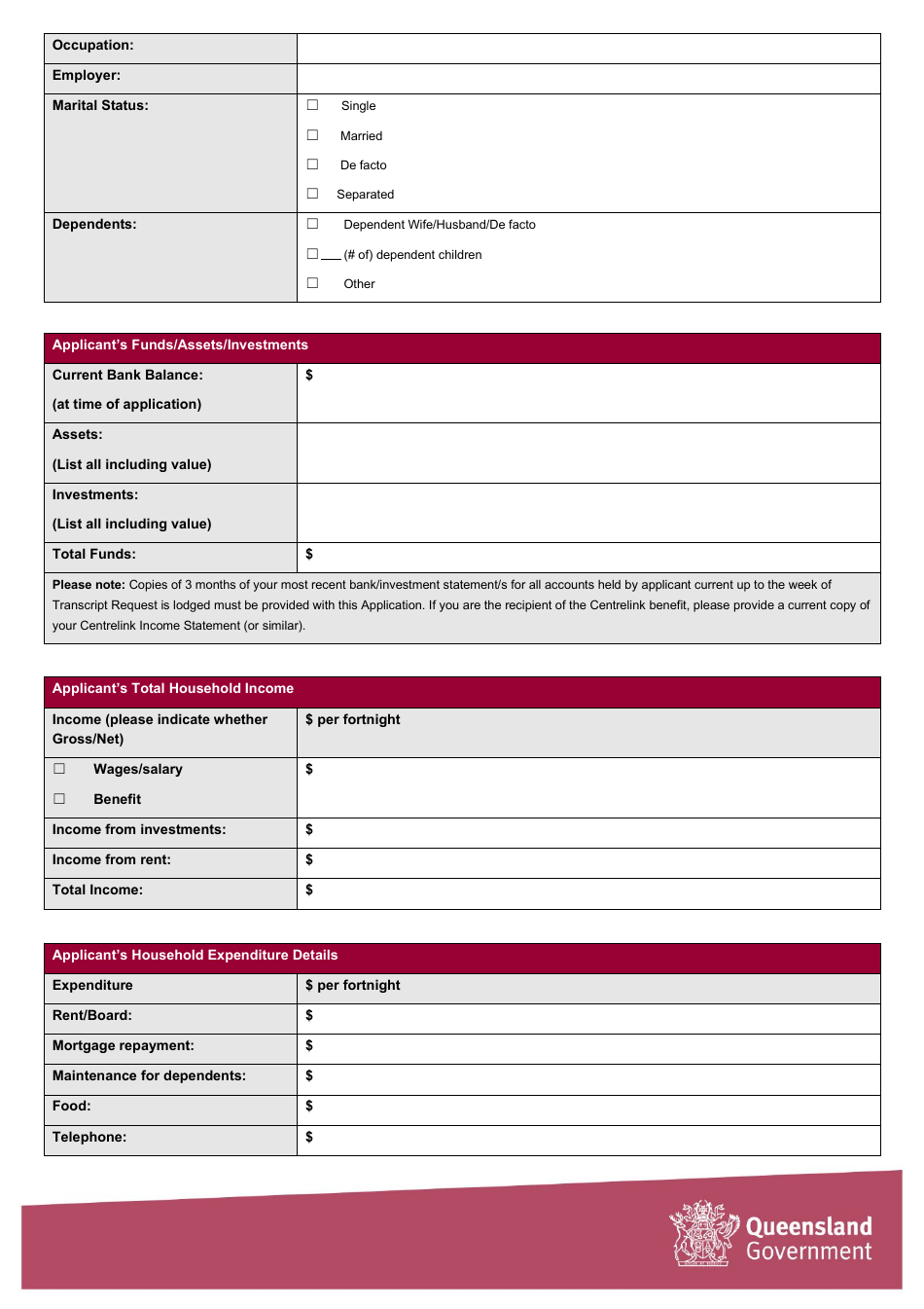 Queensland Australia Request for Transcript & Financial Hardship Fee ...