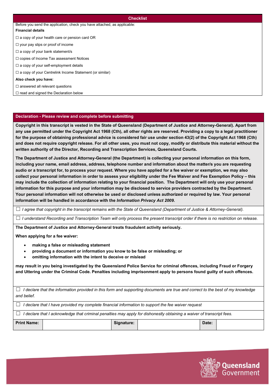 Request for Transcript  Financial Hardship Fee Waiver Application Form - Queensland, Australia, Page 6