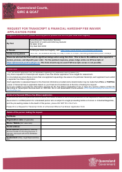 Document preview: Request for Transcript & Financial Hardship Fee Waiver Application Form - Queensland, Australia