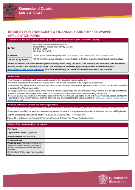 Request for Transcript & Financial Hardship Fee Waiver Application Form - Queensland, Australia Download Pdf