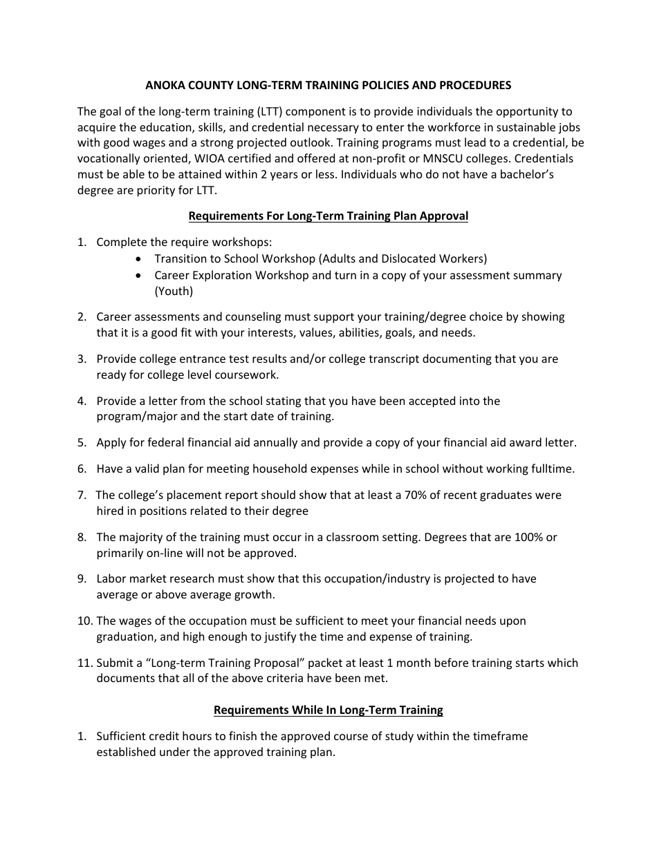 Anoka County Long-term Training Policies and Procedures - Minnesota, Page 1
