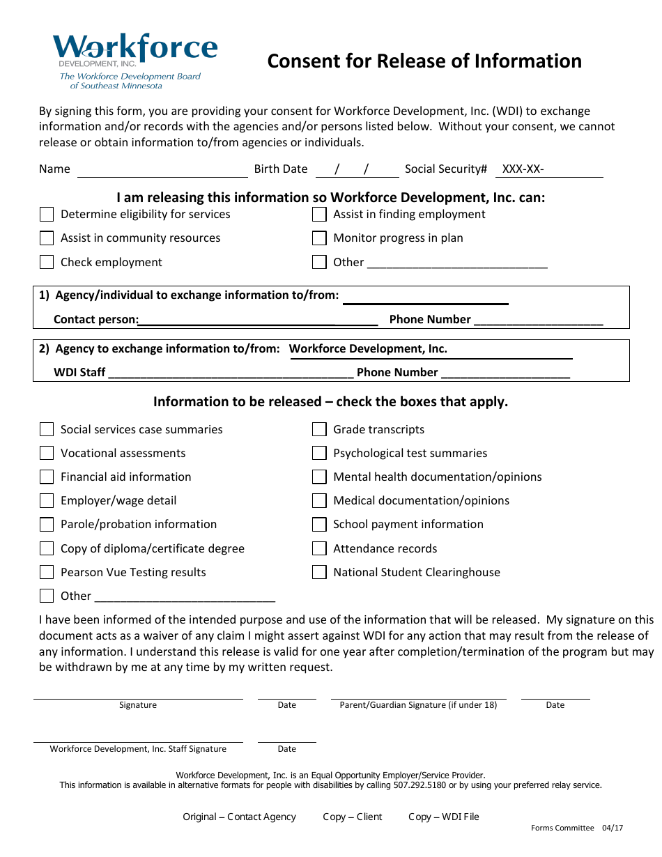 Consent for Release of Information - Minnesota, Page 1