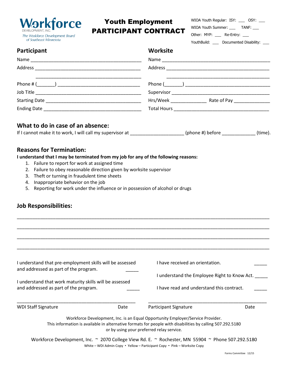 Youth Employment Participant Contract - Minnesota, Page 1