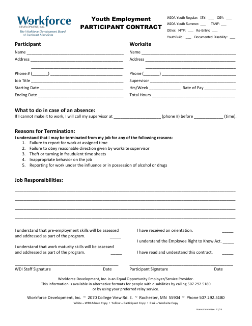 Youth Employment Participant Contract - Minnesota Download Pdf