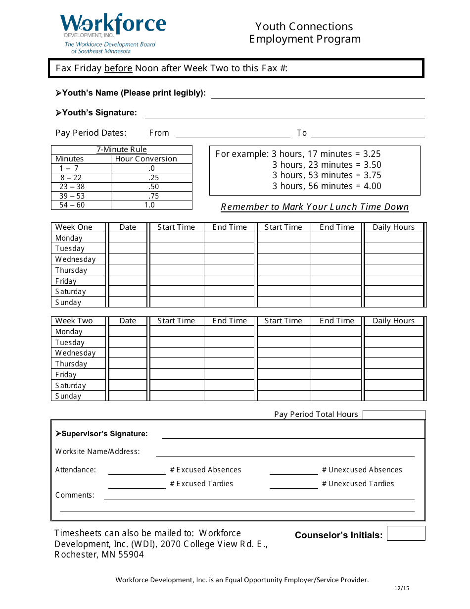 Time Sheet - Youth Connections Employment Program - Minnesota, Page 1