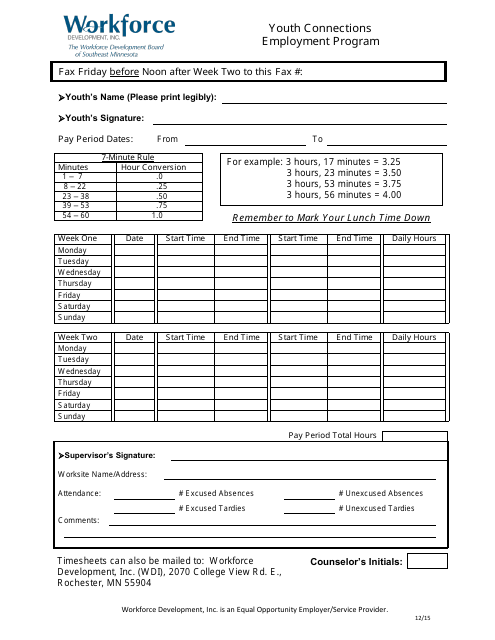 Time Sheet - Youth Connections Employment Program - Minnesota Download Pdf