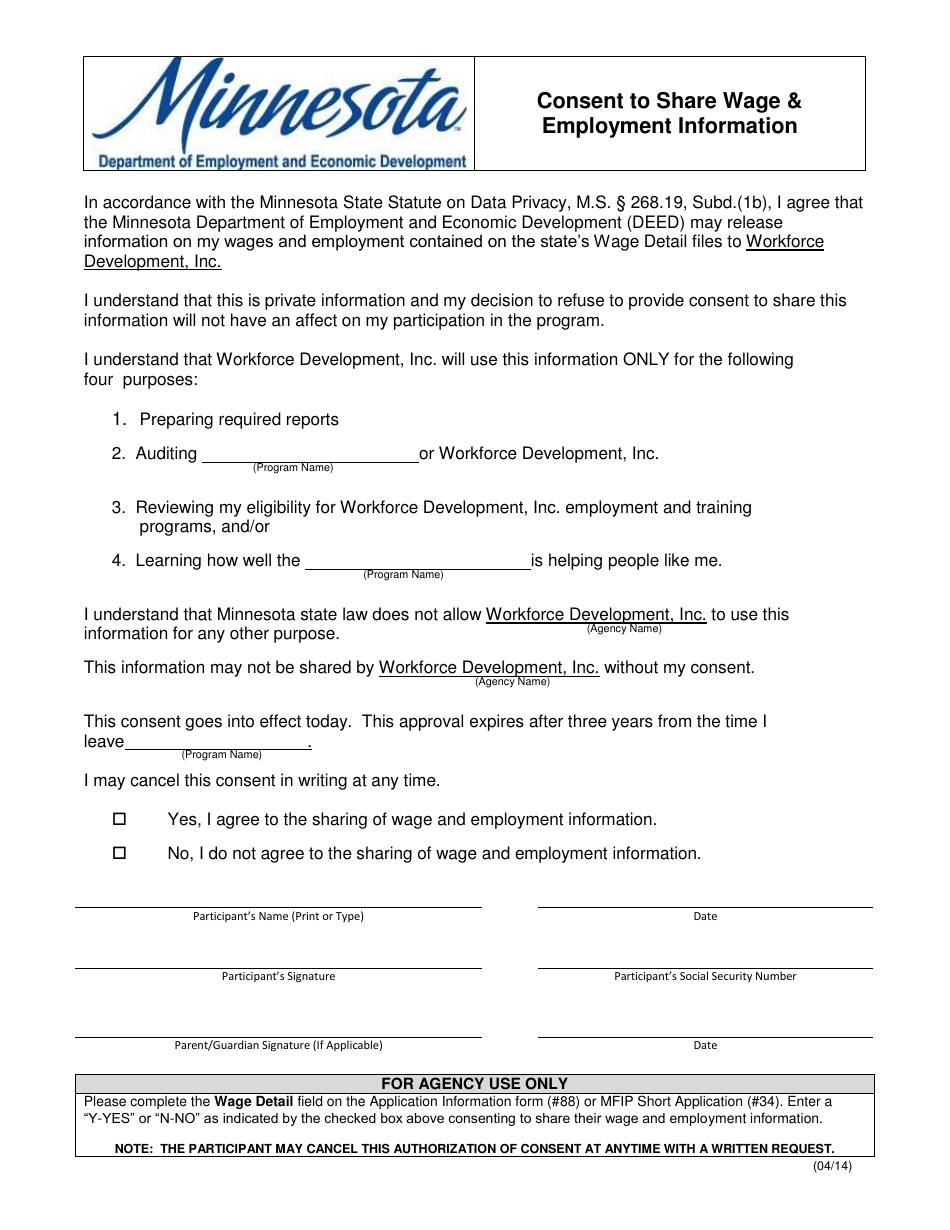 Consent to Share Wage  Employment Information - Minnesota, Page 1