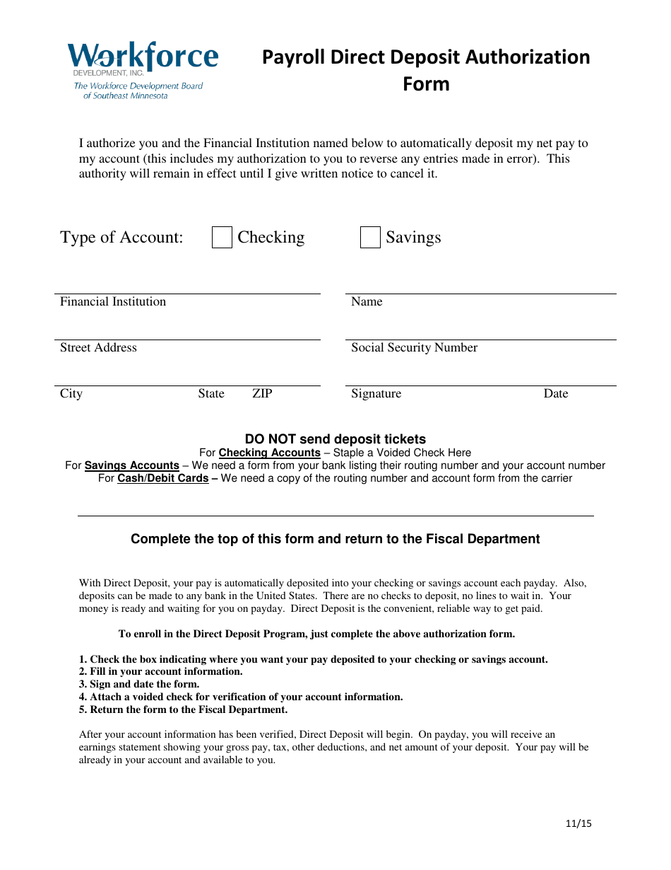 Payroll Direct Deposit Authorization Form - Minnesota, Page 1