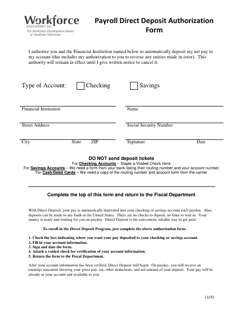 Payroll Direct Deposit Authorization Form - Minnesota