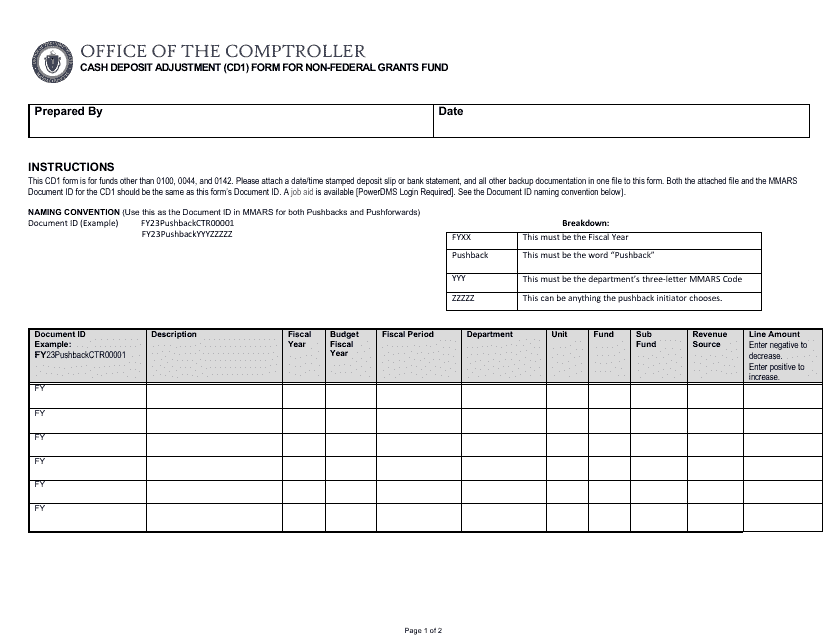Form CD1 Cash Deposit Adjustment Form for Non-federal Grants Fund - Massachusetts
