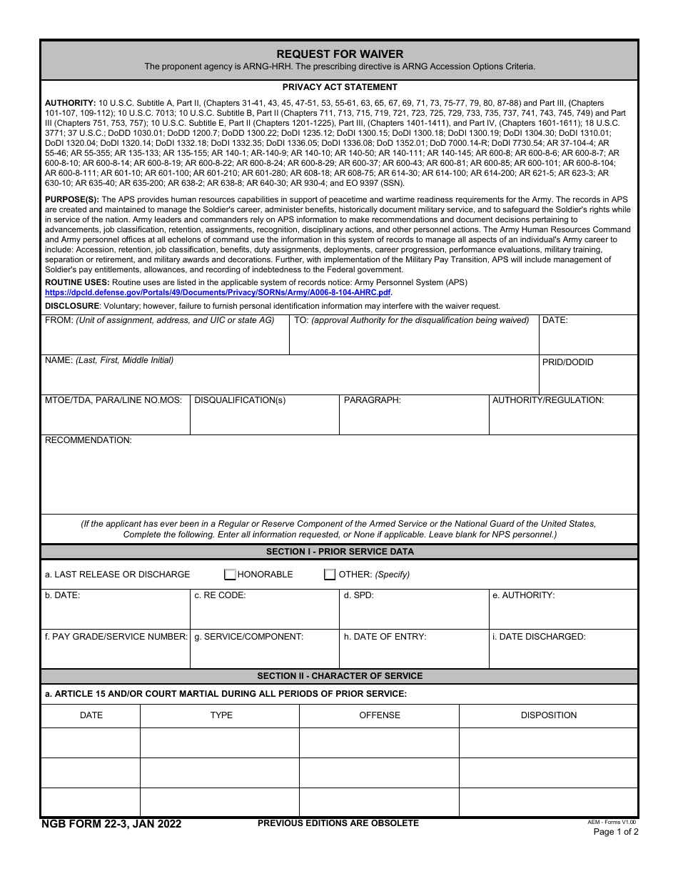 NGB Form 22-3 Request for Waiver, Page 1