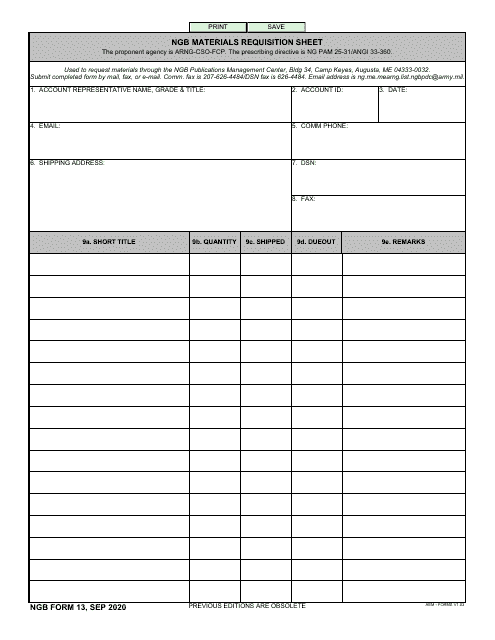 NGB Form 13 NGB Materials Requisition Sheet