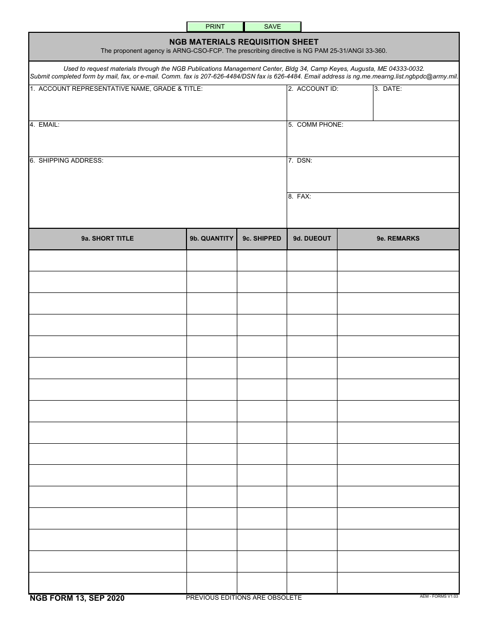 NGB Form 13 NGB Materials Requisition Sheet, Page 1