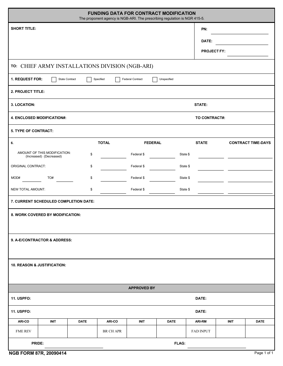 NGB Form 87R Funding Data for Contract Modification, Page 1