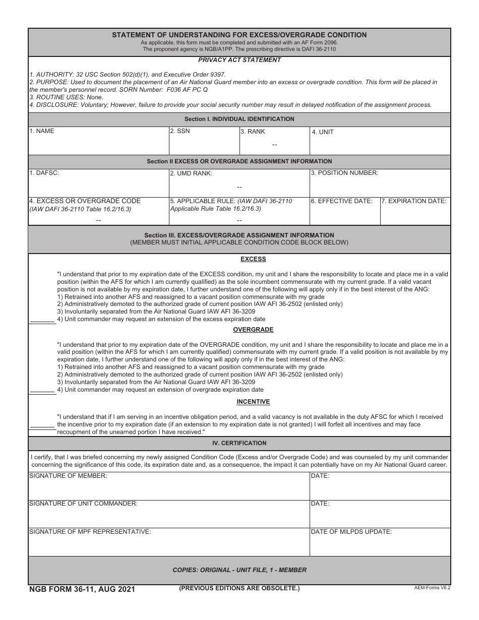 Ngb Form 36 11 Download Fillable Pdf Or Fill Online Statement Of Understanding For Excess 0630