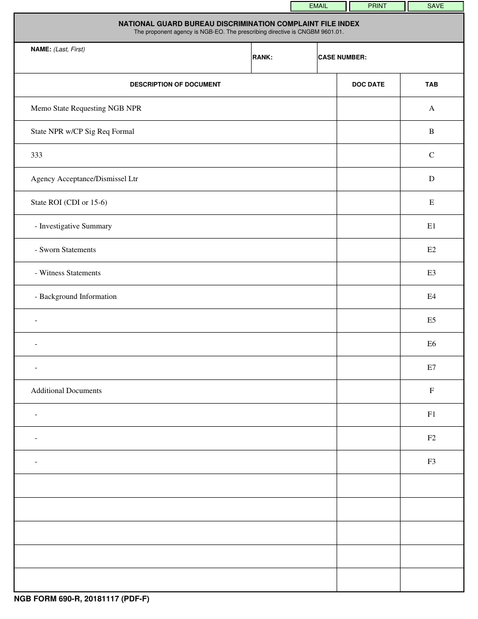 NGB Form 690-R National Guard Bureau Discrimination Complaint File Index, Page 1
