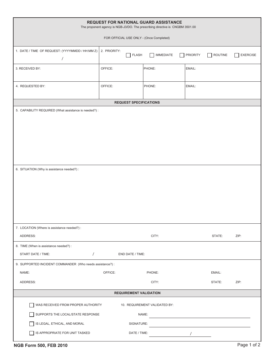 NGB Form 500 Request for National Guard Assistance, Page 1