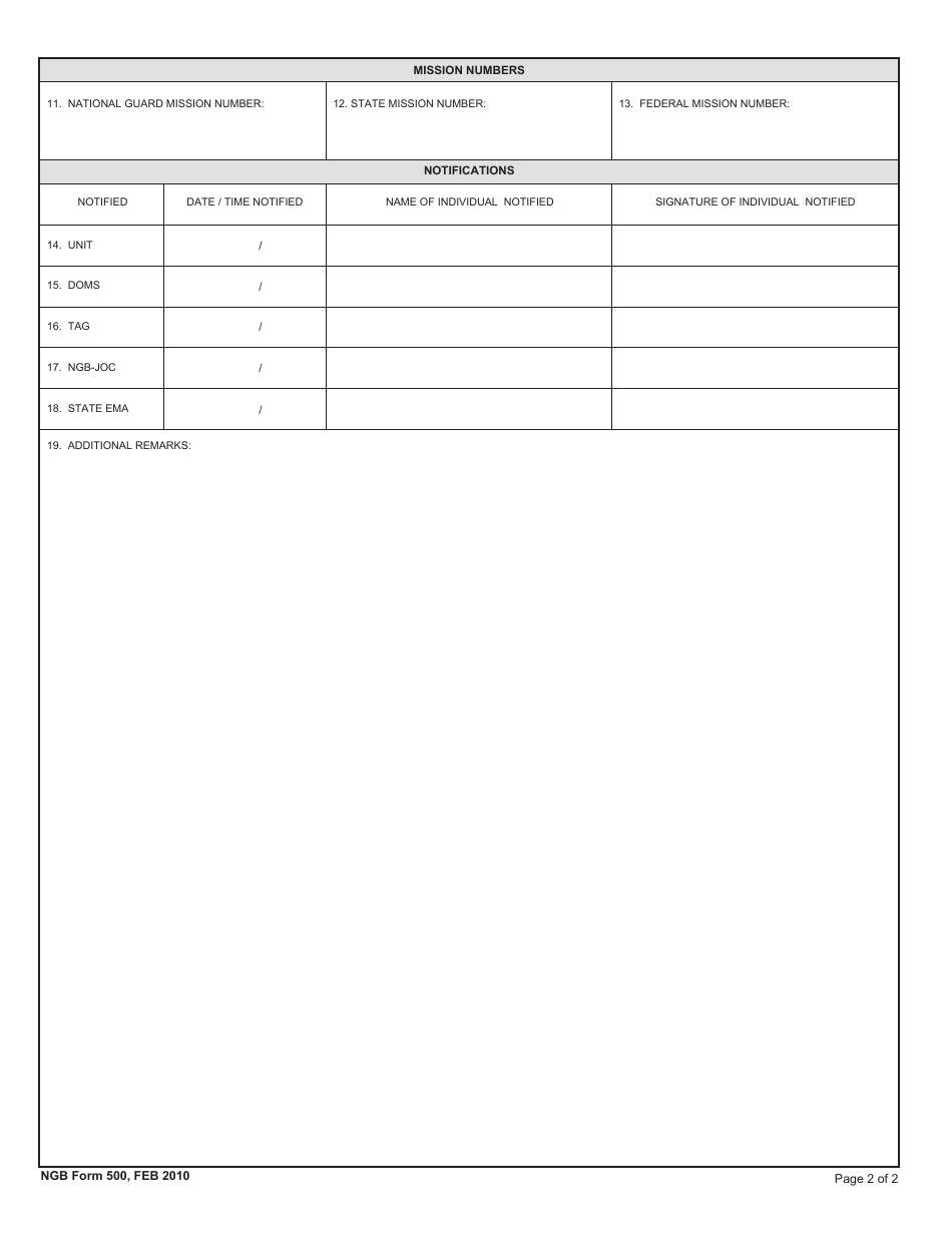 NGB Form 500 Request for National Guard Assistance, Page 2