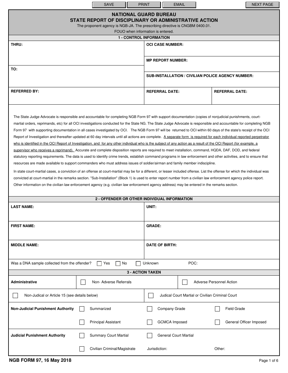 NGB Form 97 National Guard Bureau State Report of Disciplinary or Administrative Action, Page 1