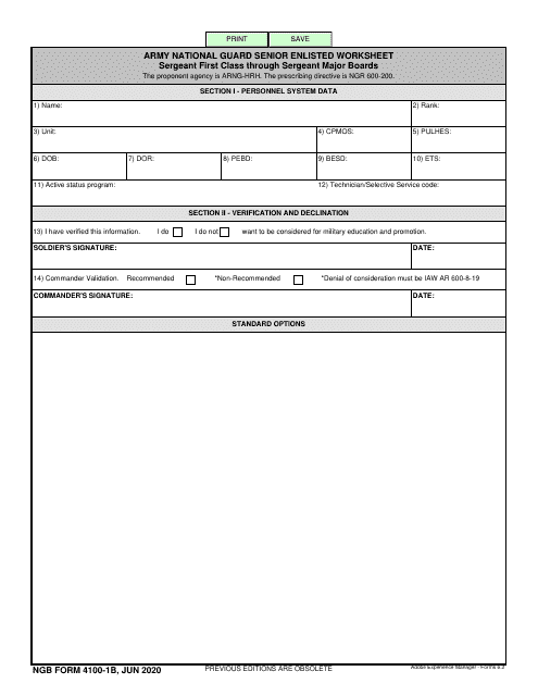 NGB Form 4100-1B Army National Guard Senior Enlisted Worksheet - Sergeant First Class Through Sergeant Major Boards