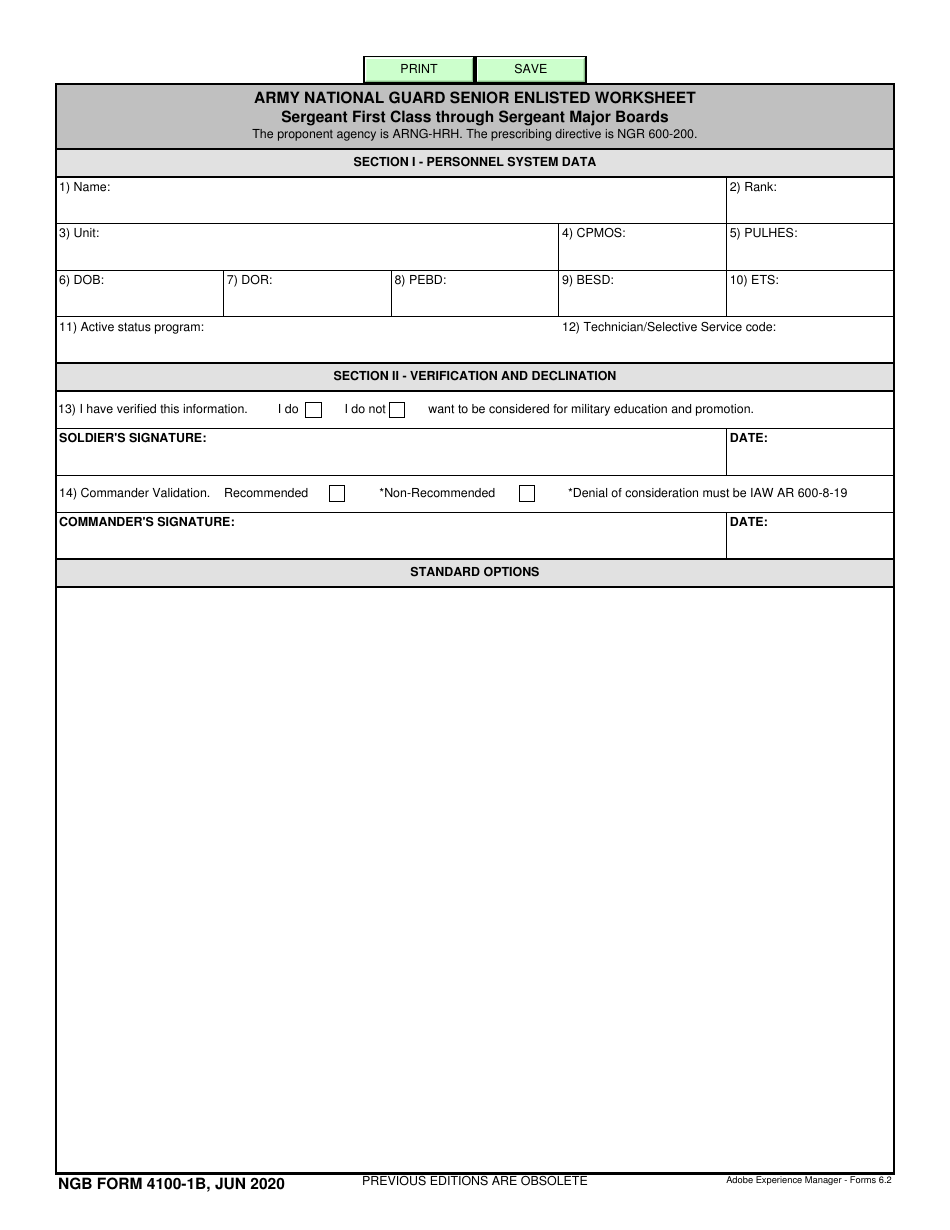 NGB Form 4100-1B Army National Guard Senior Enlisted Worksheet - Sergeant First Class Through Sergeant Major Boards, Page 1