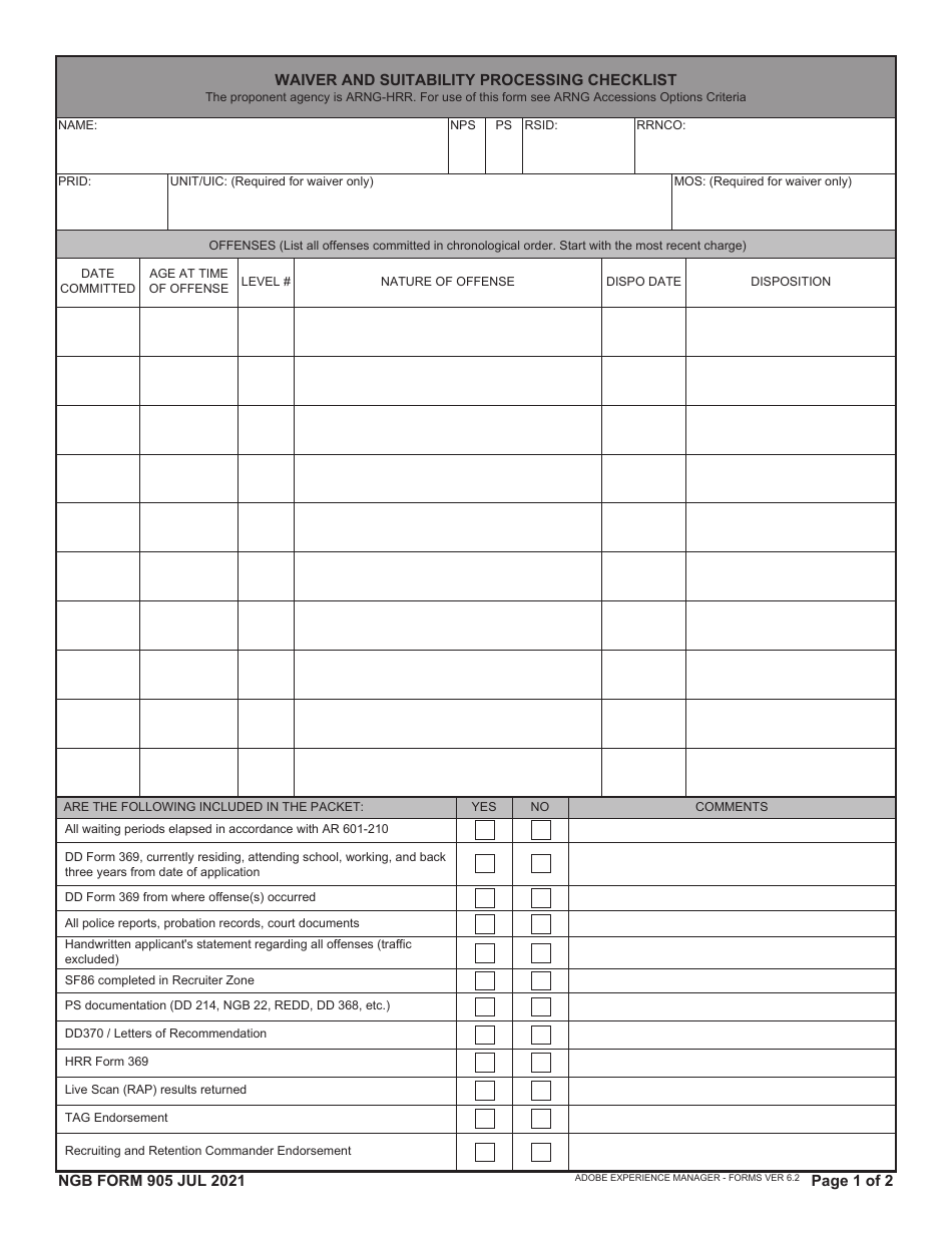 NGB Form 905 Waiver and Suitability Processing Checklist, Page 1