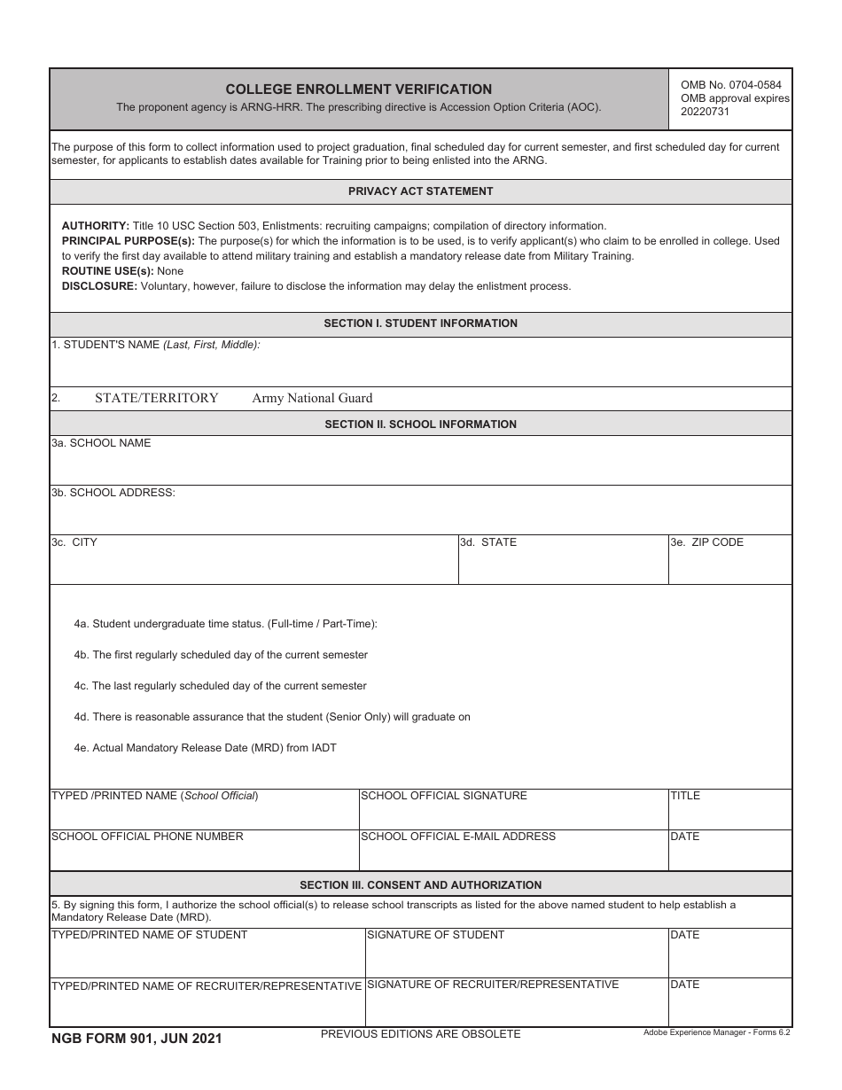 NGB Form 901 College Enrollment Verification, Page 1