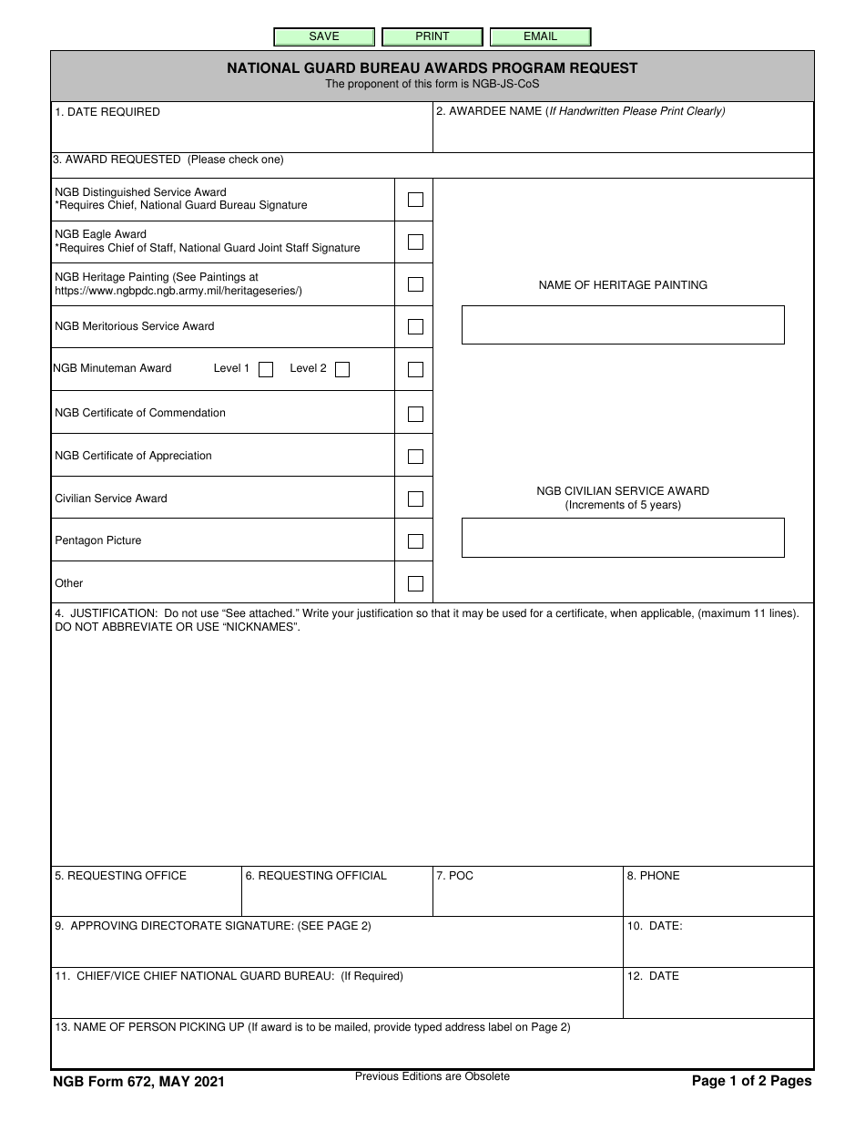 NGB Form 672 National Guard Bureau Awards Program Request, Page 1