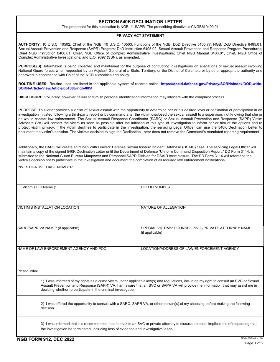 NGB Form 912 Section 540k Declination Letter, Page 1