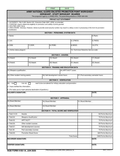 NGB Form 4100-1A Army National Guard Enlisted Promotion Point Worksheet - Sergeant - Staff Sergeant Boards