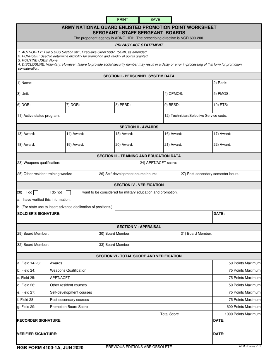 NGB Form 4100-1A Army National Guard Enlisted Promotion Point Worksheet - Sergeant - Staff Sergeant Boards, Page 1