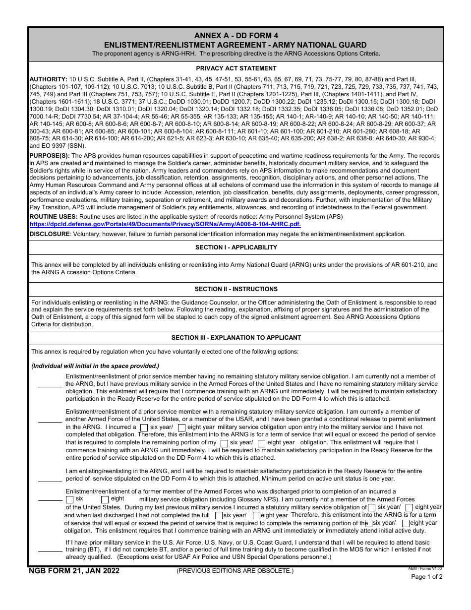 NGB Form 21 Annex A - DD FORM 4 Enlistment / Reenlistment Agreement - Army National Guard, Page 1