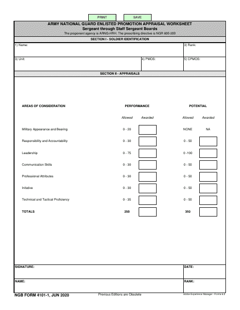 NGB Form 4101-1 Army National Guard Enlisted Promotion Appraisal Worksheet - Sergeant Through Staff Sergeant Boards