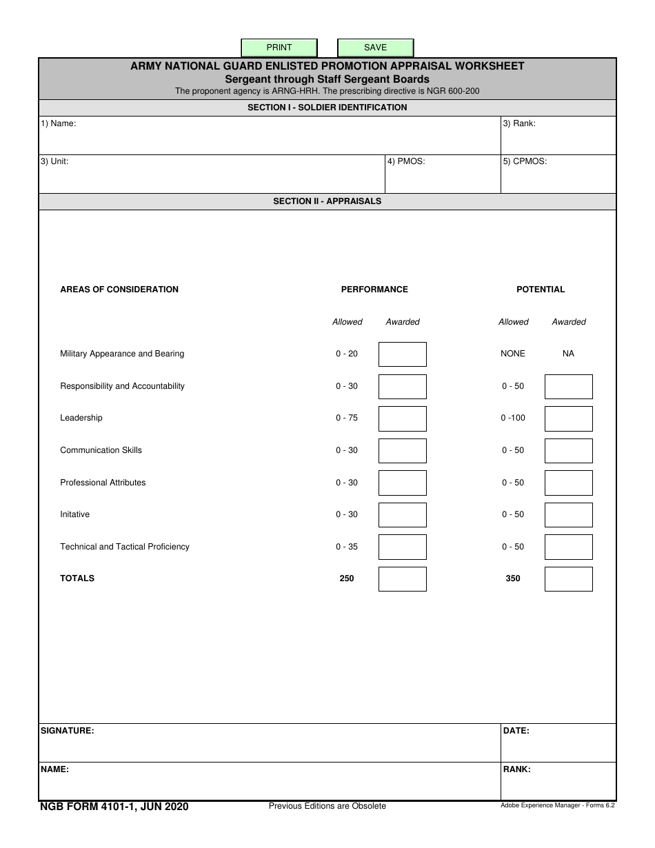 NGB Form 4101-1 Army National Guard Enlisted Promotion Appraisal Worksheet - Sergeant Through Staff Sergeant Boards, Page 1