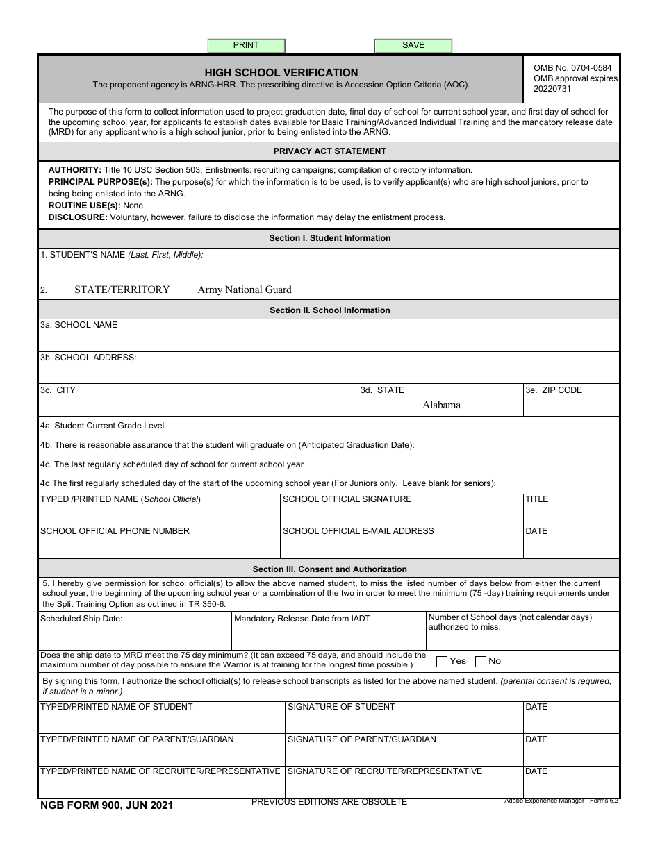 NGB Form 900 High School Verification, Page 1
