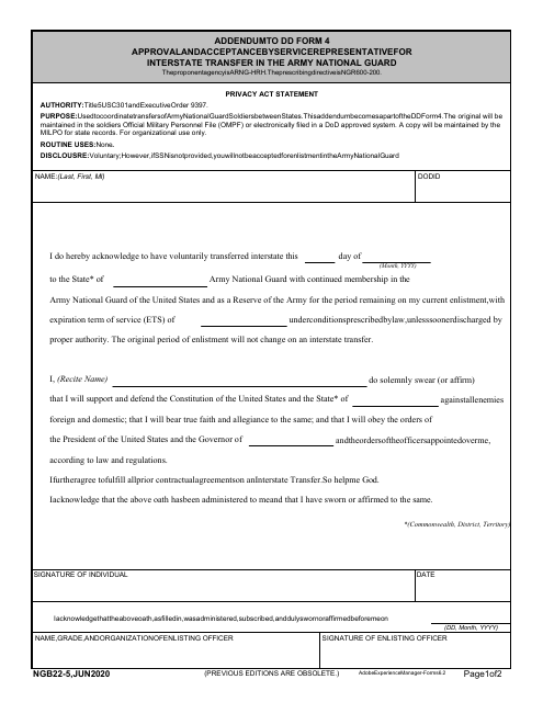 NGB Form 22-5 Addendum to DD Form 4 - Approval and Acceptance by Service Representative for Interstate Transfer in the Army National Guard