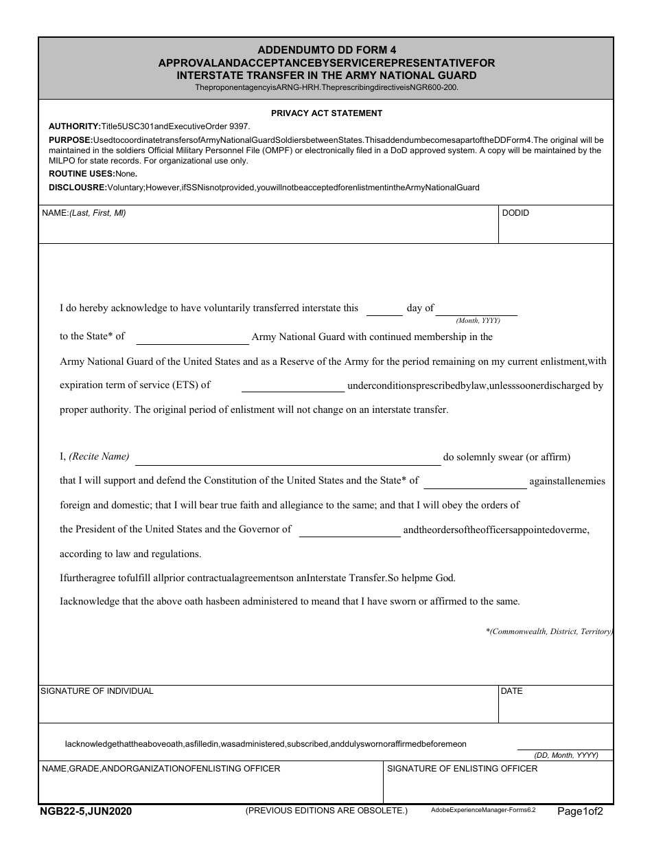 NGB Form 22-5 Addendum to DD Form 4 - Approval and Acceptance by Service Representative for Interstate Transfer in the Army National Guard, Page 1