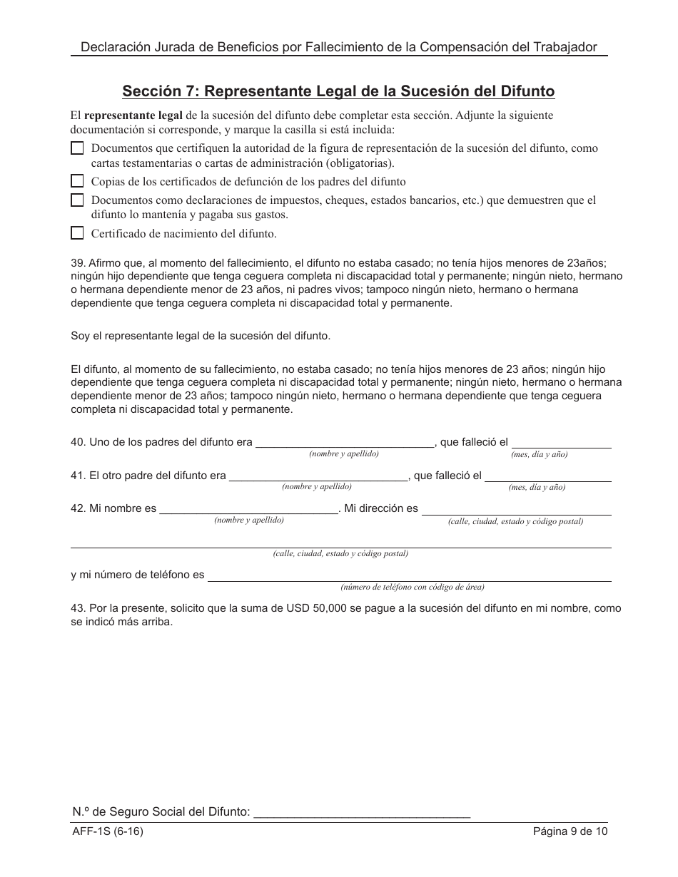 Formulario AFF-1 Declaracion Jurada De Beneficios Por Fallecimiento De La Compensacion Del Trabajador - New York (Spanish), Page 10