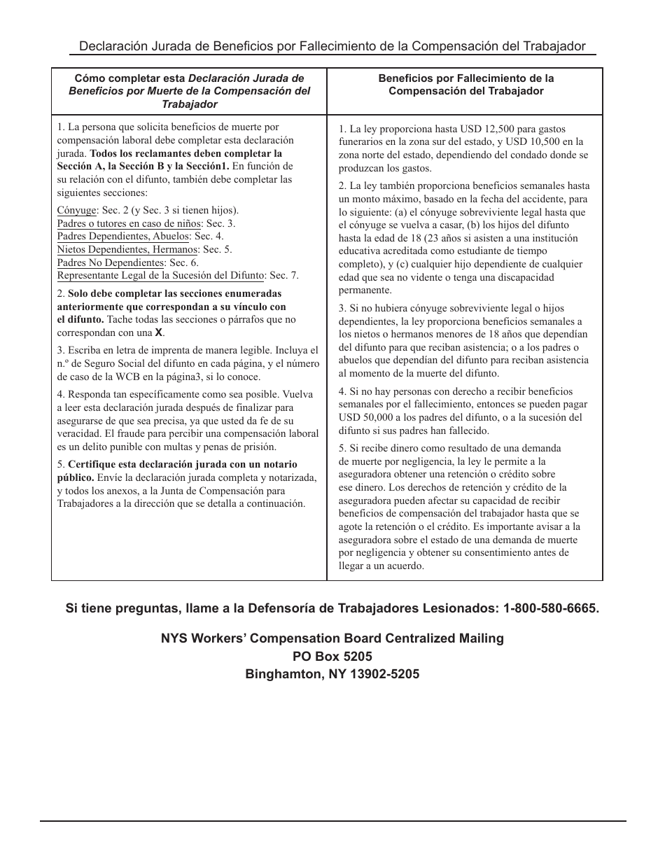 Formulario AFF-1 Declaracion Jurada De Beneficios Por Fallecimiento De La Compensacion Del Trabajador - New York (Spanish), Page 1