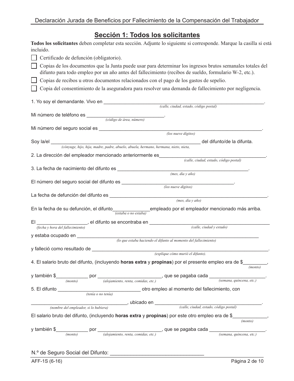 Formulario AFF-1 Declaracion Jurada De Beneficios Por Fallecimiento De La Compensacion Del Trabajador - New York (Spanish), Page 3