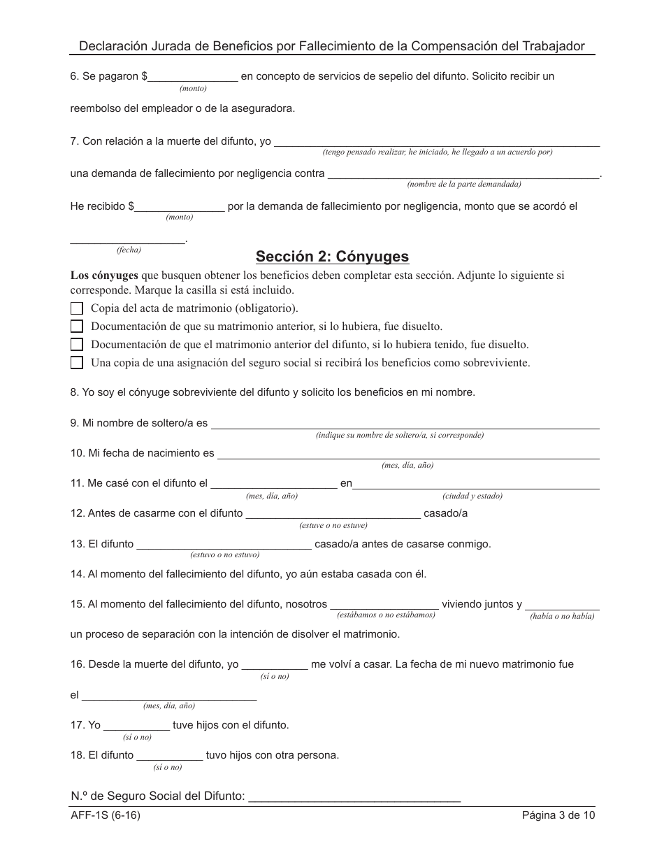 Formulario AFF-1 Declaracion Jurada De Beneficios Por Fallecimiento De La Compensacion Del Trabajador - New York (Spanish), Page 4