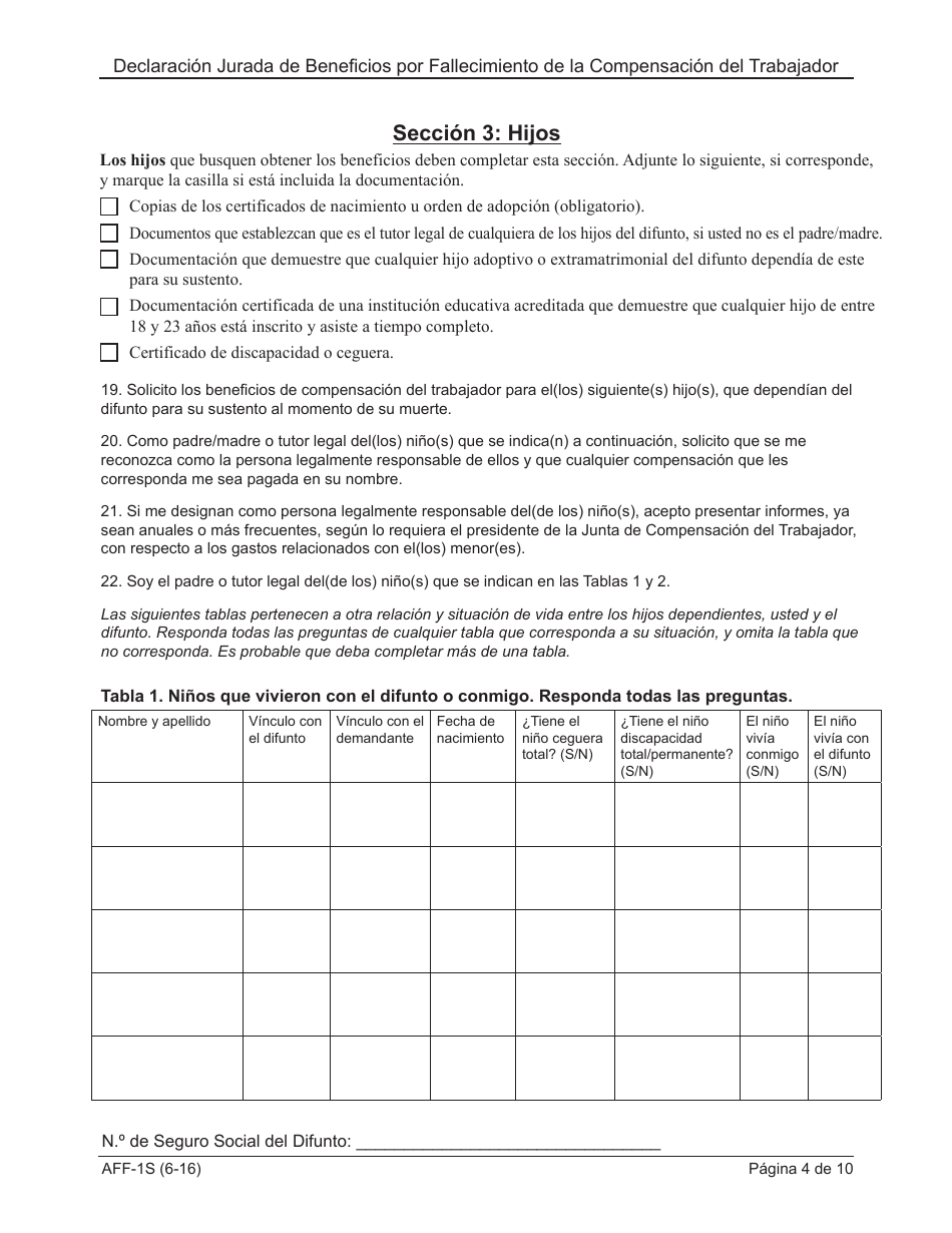 Formulario AFF-1 Declaracion Jurada De Beneficios Por Fallecimiento De La Compensacion Del Trabajador - New York (Spanish), Page 5