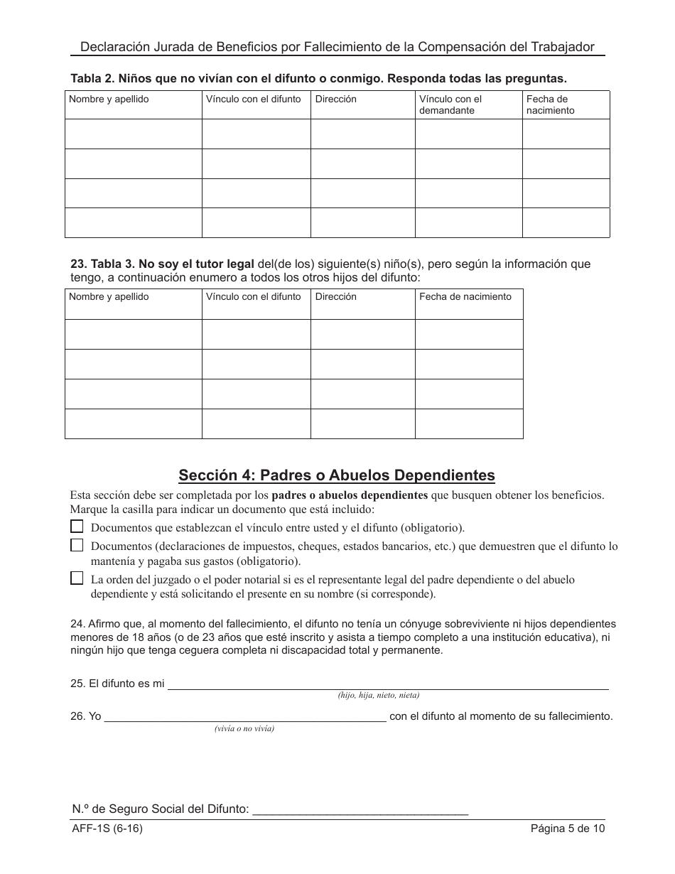 Formulario AFF-1 Declaracion Jurada De Beneficios Por Fallecimiento De La Compensacion Del Trabajador - New York (Spanish), Page 6