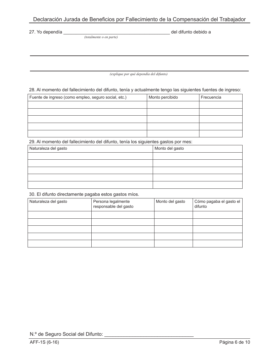Formulario AFF-1 Declaracion Jurada De Beneficios Por Fallecimiento De La Compensacion Del Trabajador - New York (Spanish), Page 7
